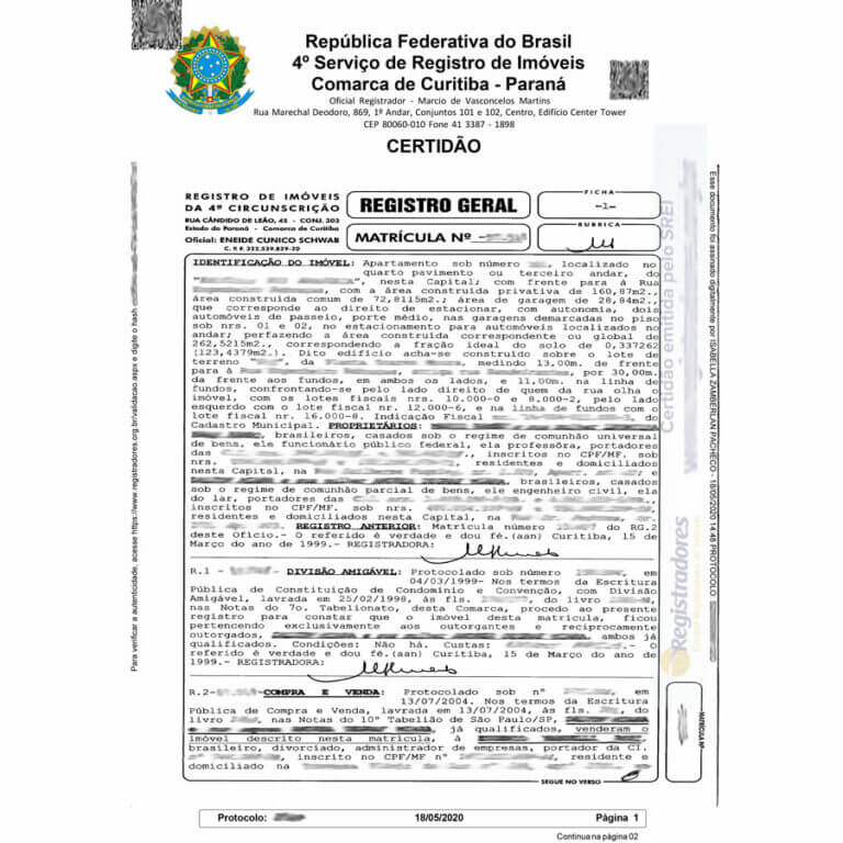 Certidão de matrícula inteiro teor